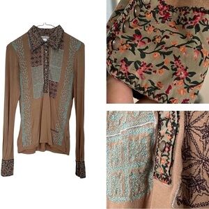 Parasuco Knit Shirt Long Sleeve Embroidered Western Tan Pearl Snaps Size M